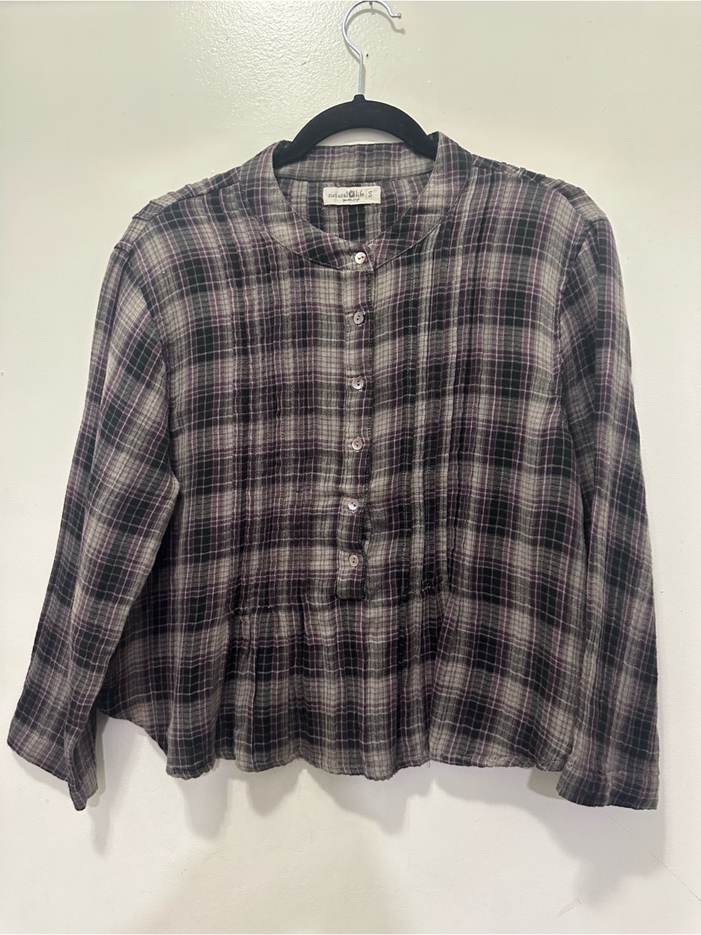 Natural Life Plaid Pleated Mandarin Collar Grunge Top Sz S 100% Cotton